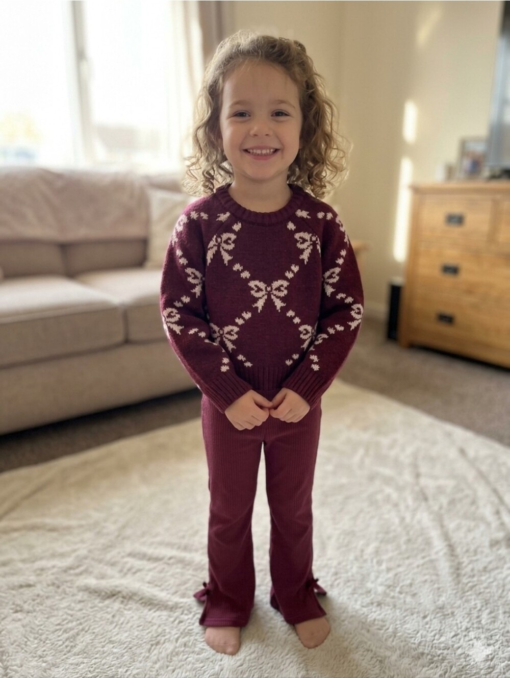 btween Berry Red Bow Knit Sweater & Ribbed Flare Pants Set